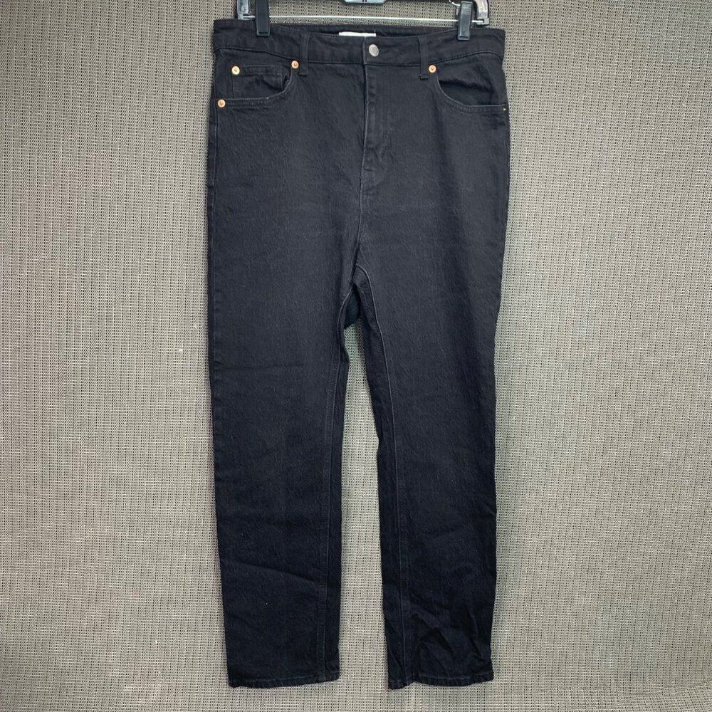 H&M Womens Size 12 Black Denim Jeans Mid Rise 5 Pocket Button & Zipper Closure